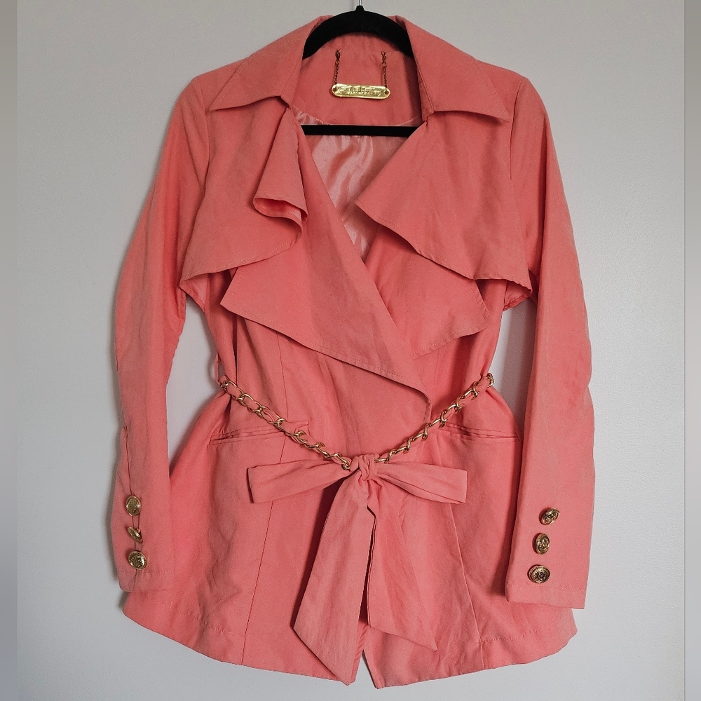 D.i.a Gyaru Coral Peach Ruffle Wrap Jacket Gold Buttons Chain Belt